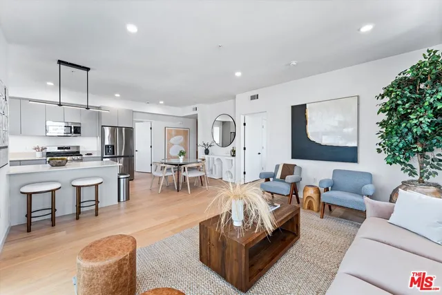 a living room with furniture kitchen and a potted plant