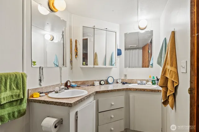 a bathroom with a sink and a mirror