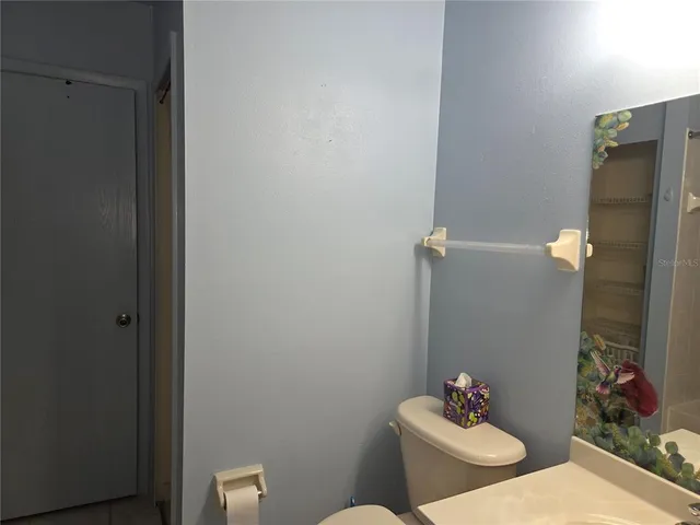a bathroom with a sink mirror and toilet
