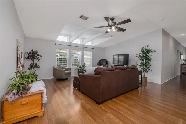 a living room with furniture and a potted plant