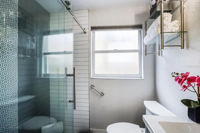 a garden view with a seating space