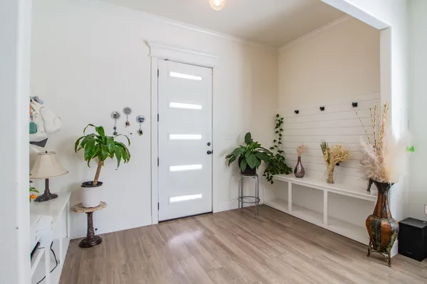 a view of a room with wooden floor and a potted plant