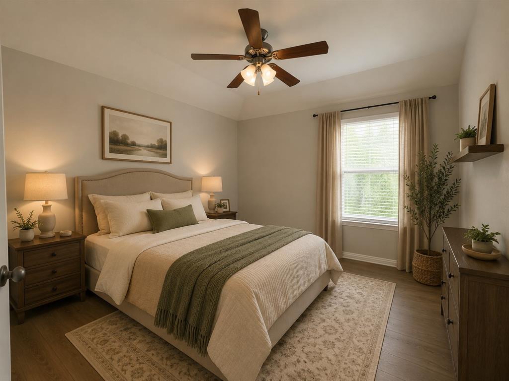 14128 El Toro Road Frisco, TX 75035 - Photo 16 of 19 Bedroom featuring wood-finish flooring, a contemporary ceiling fan with light fixture, a window with horizontal blinds and drapery, and neutral wall tones
