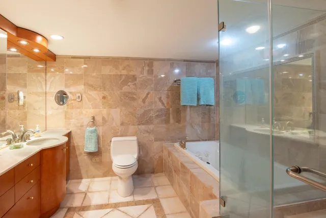 a bathroom with a sink a toilet and shower