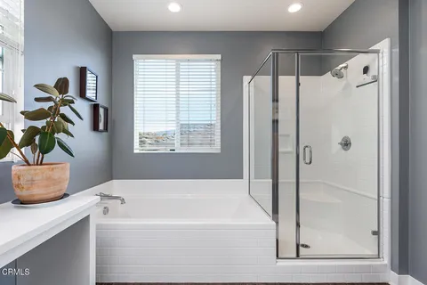 a bathroom with a bathtub and a shower