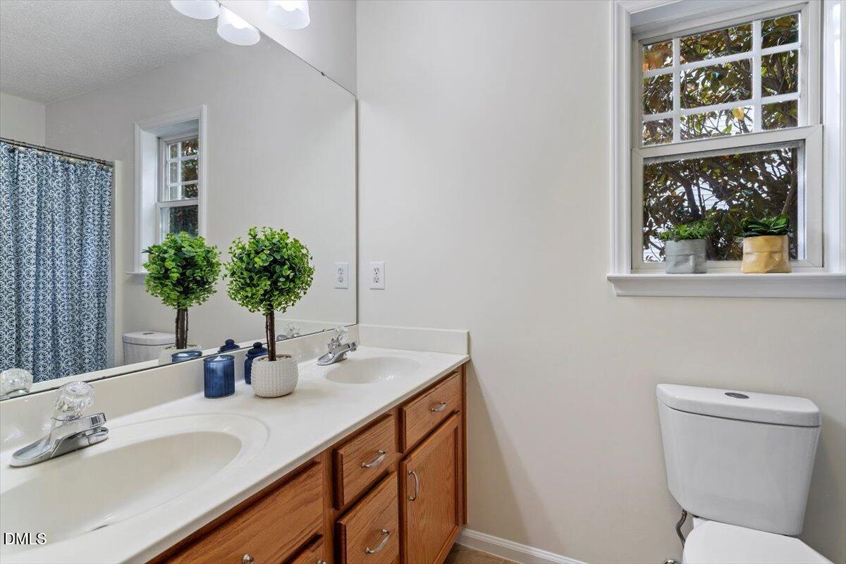 1039 Dual Parks Road Apex, NC 27502 - Photo 30 of 46 a bathroom with a granite countertop sink and a mirror