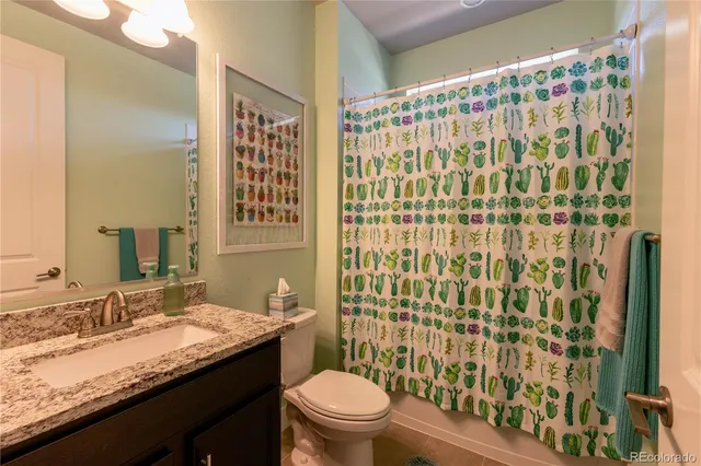 a bathroom with a granite countertop sink a toilet and shower curtain