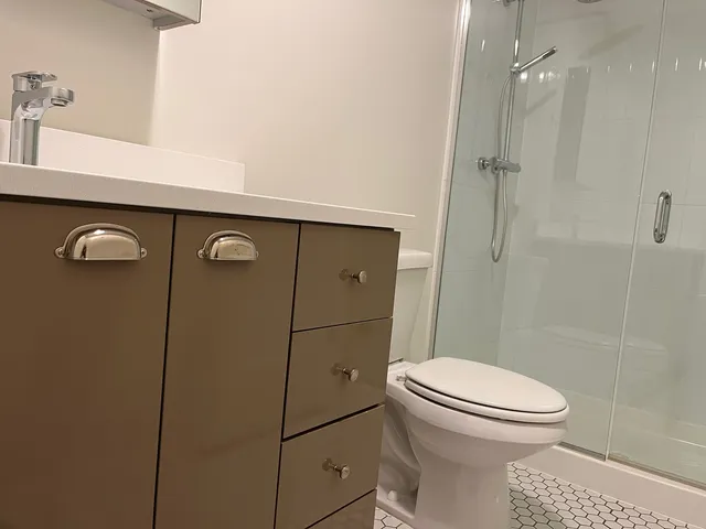 a bathroom with a toilet and a shower
