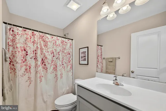 a bathroom with a sink a toilet and shower curtain