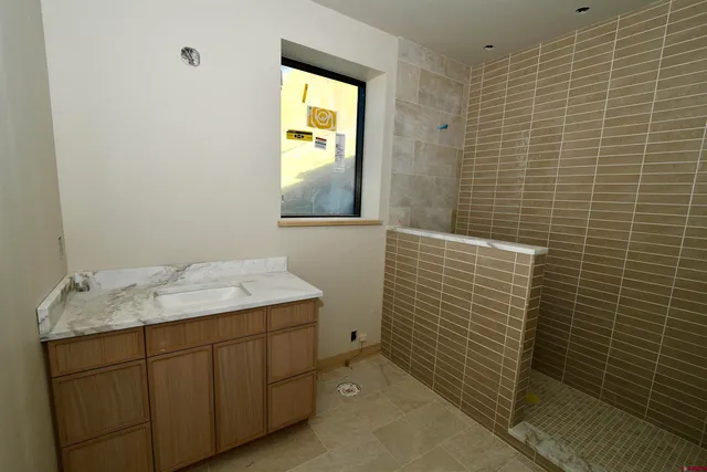 a bathroom with a bathtub