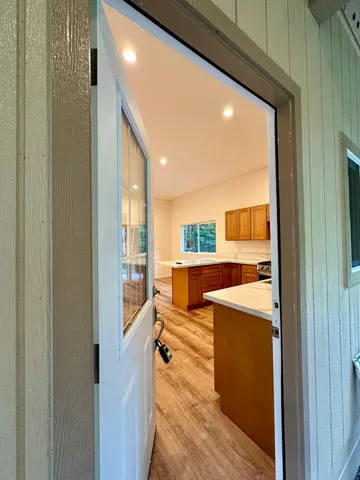 a open kitchen with a large window