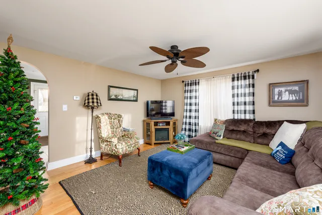 a living room with furniture a flat screen tv and a potted plant