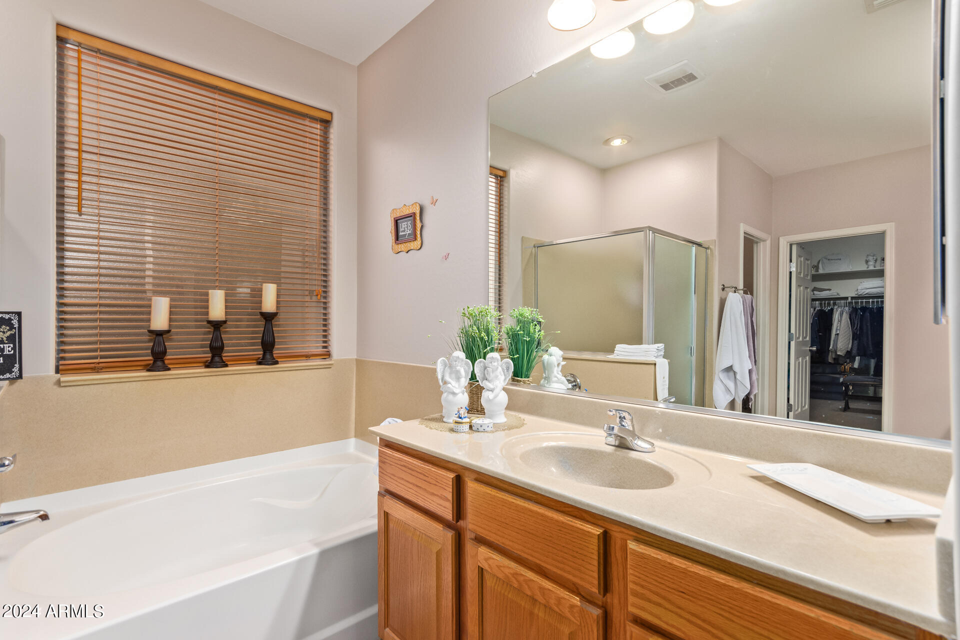 15224 West Redfield Road Surprise, AZ 85379 - Photo 17 of 28 a bathroom with a granite countertop sink and a large mirror