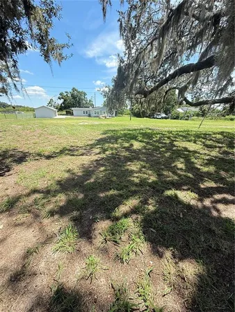 a view of a green field with an trees