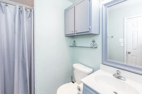 a bathroom with a sink a toilet and shower curtain