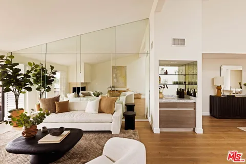 a living room with furniture and a potted plant