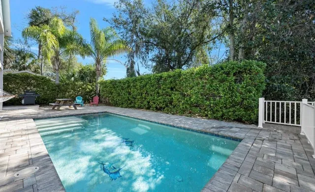 a view of a backyard with potted plants and large trees