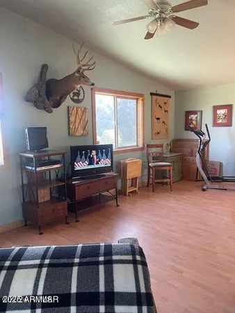 a living room with furniture and a lamp