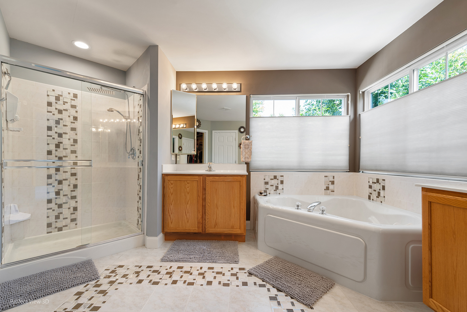 2733 Berman Road North Aurora, IL 60542 - Photo 16 of 24 a bathroom with a bathtub a shower a sink and a large window