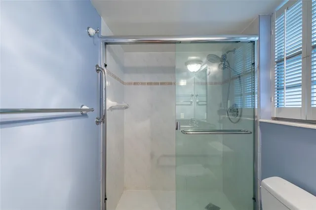 a bathroom with a shower and toilet
