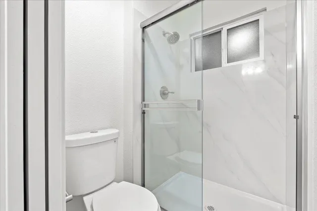 a bathroom with a shower and toilet