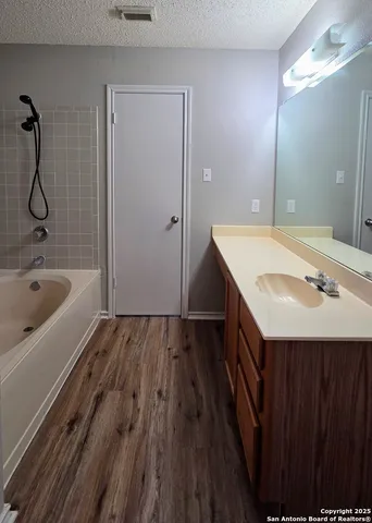 a bathroom with a sink a mirror and a bathtub