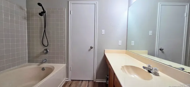 a bathroom with a sink a bathtub and shower