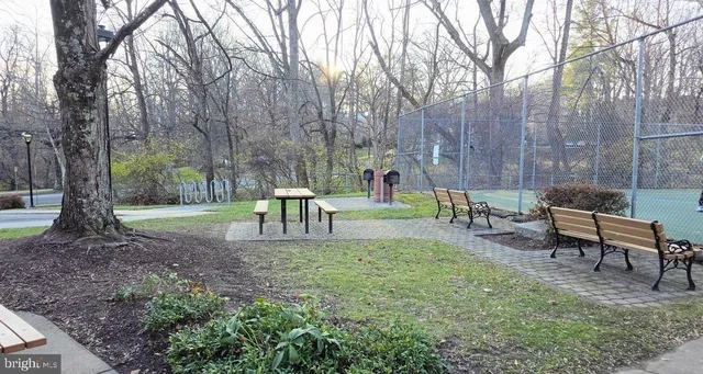 a garden view with a seating space