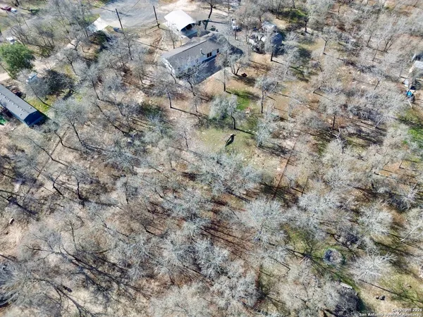 a view of a dry field with trees in the background