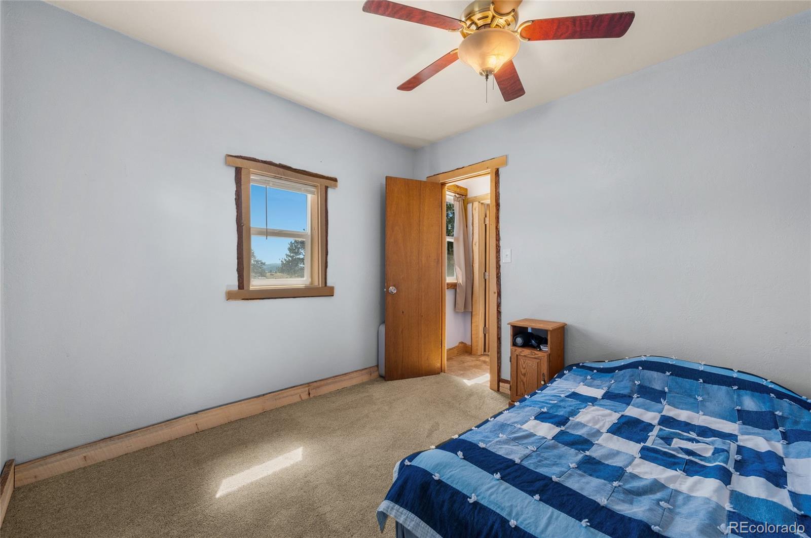 2925 M Path Cotopaxi, CO 81223 - Photo 18 of 50 a bedroom with a bed and a chandelier