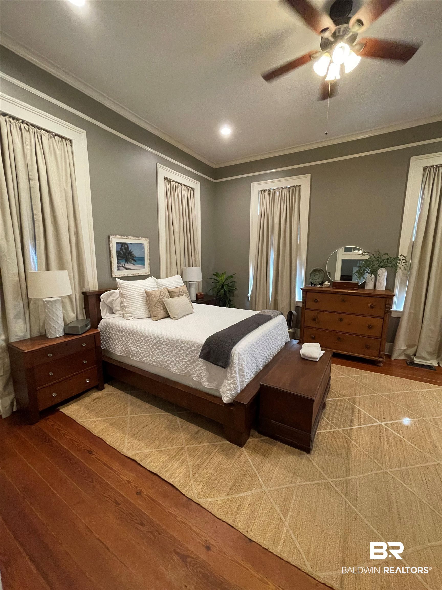 1001 Augusta Street Mobile, AL 36604 - Photo 22 of 26 Bedroom with ceiling fan, wood-type flooring, and ornamental molding