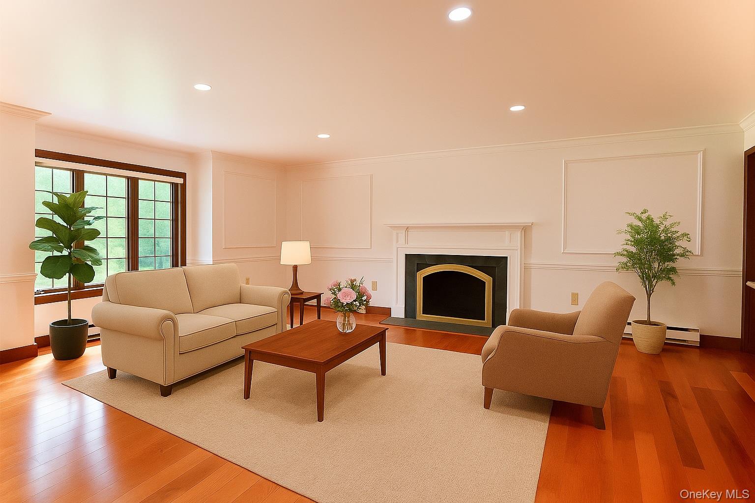 285 Goff Road Livingston Manor, NY 12758 - Photo 7 of 24 Living room featuring afireplace with flush hearth,light wood-style floors,recessed lighting, crownmolding, and a baseboardheating unit