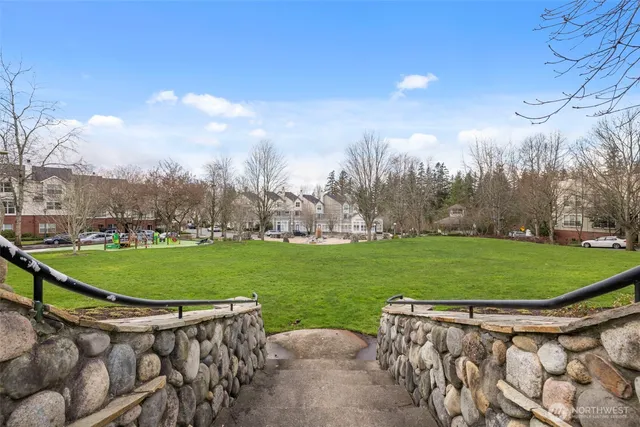 a view of a yard with a fountain