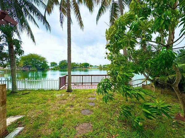a view of a lake with a palm trees