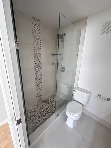 a bathroom with a shower and a toilet