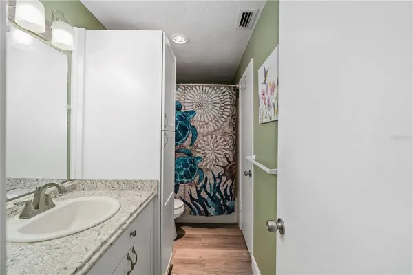 a bathroom with a granite countertop shower sink and mirror