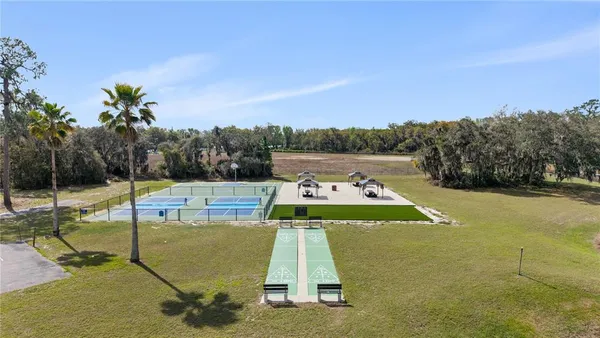 a view of a swimming pool with a garden and trees