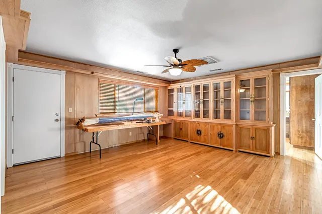 an aerial view of a house with a yard and large trees