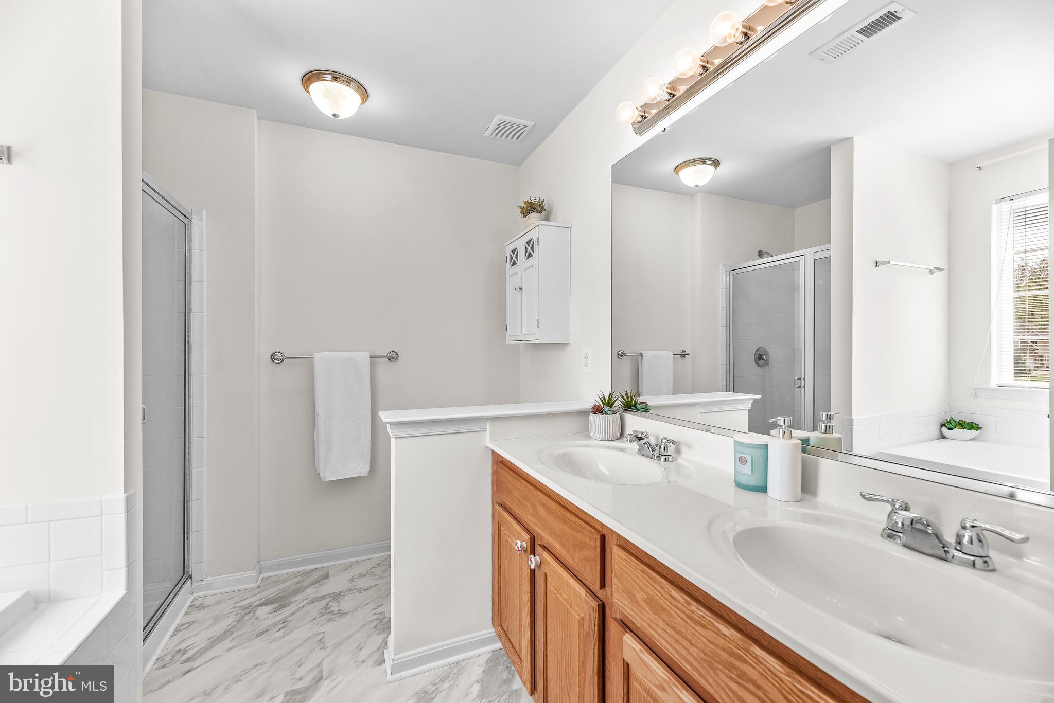 252 Rimfire Way Prince Frederick, MD 20678 - Photo 27 of 35 a bathroom with a double vanity sink a mirror and a shower
