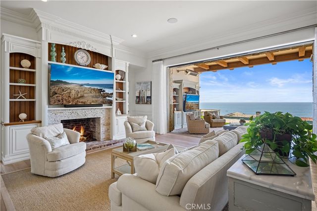 a living room with furniture fireplace and potted plants