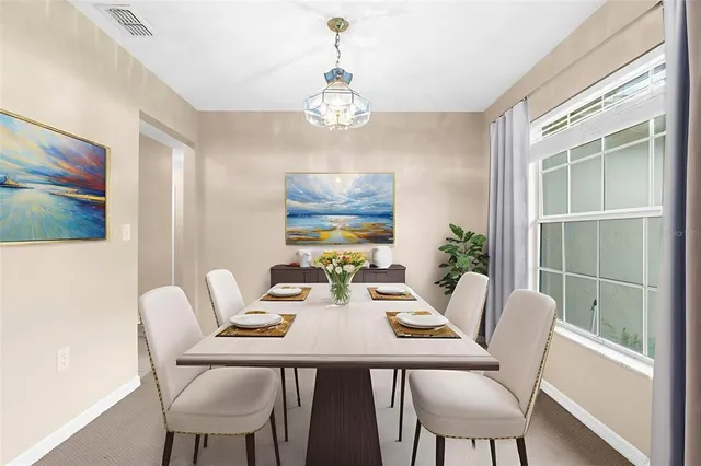 a view of a dining room with furniture window and outside view