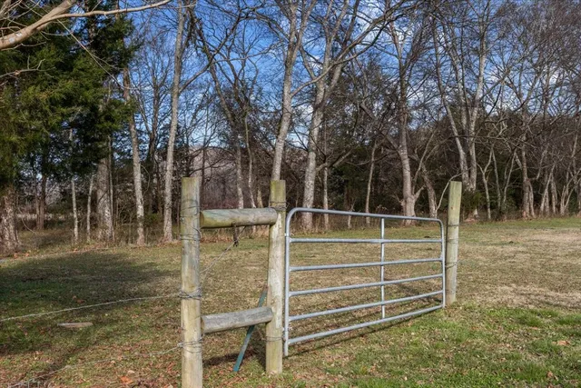 a view of a dry yard with wooden fence