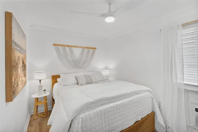 a view of a swimming pool with a lawn chairs under palm trees