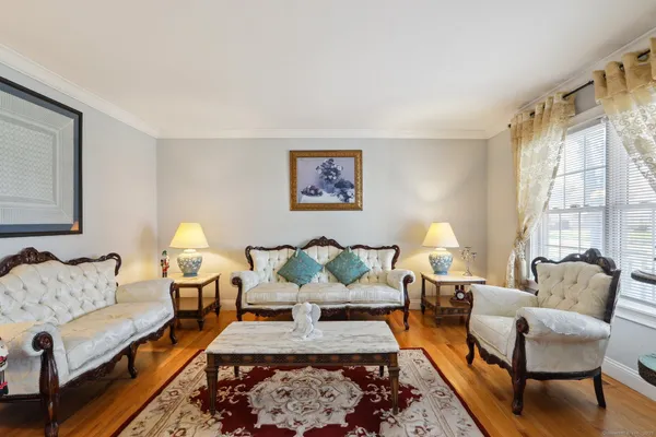 a living room with furniture and a rug