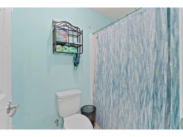 a bathroom with a toilet and a shower curtain
