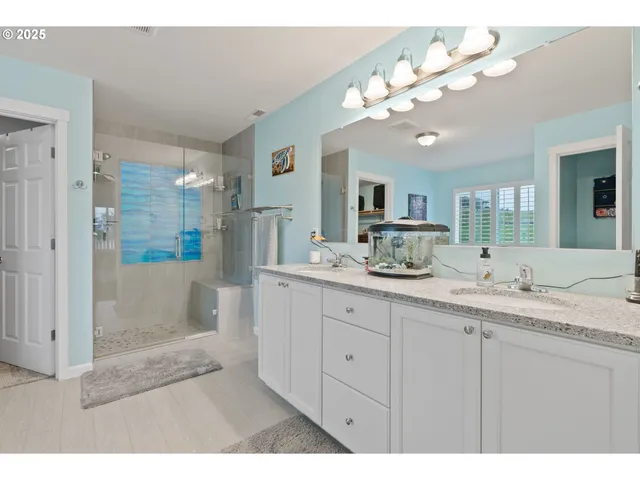 a bathroom with a sink a large mirror and a shower