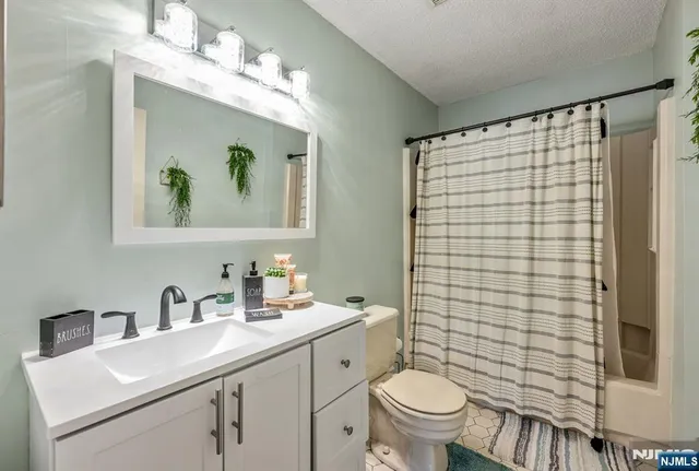 a bathroom with a sink a toilet and shower curtain
