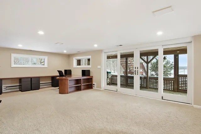 a view of a porch with wooden floor