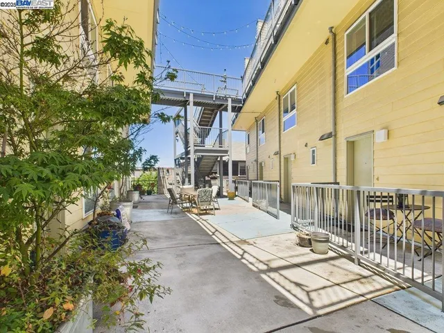 a building exterior with furniture