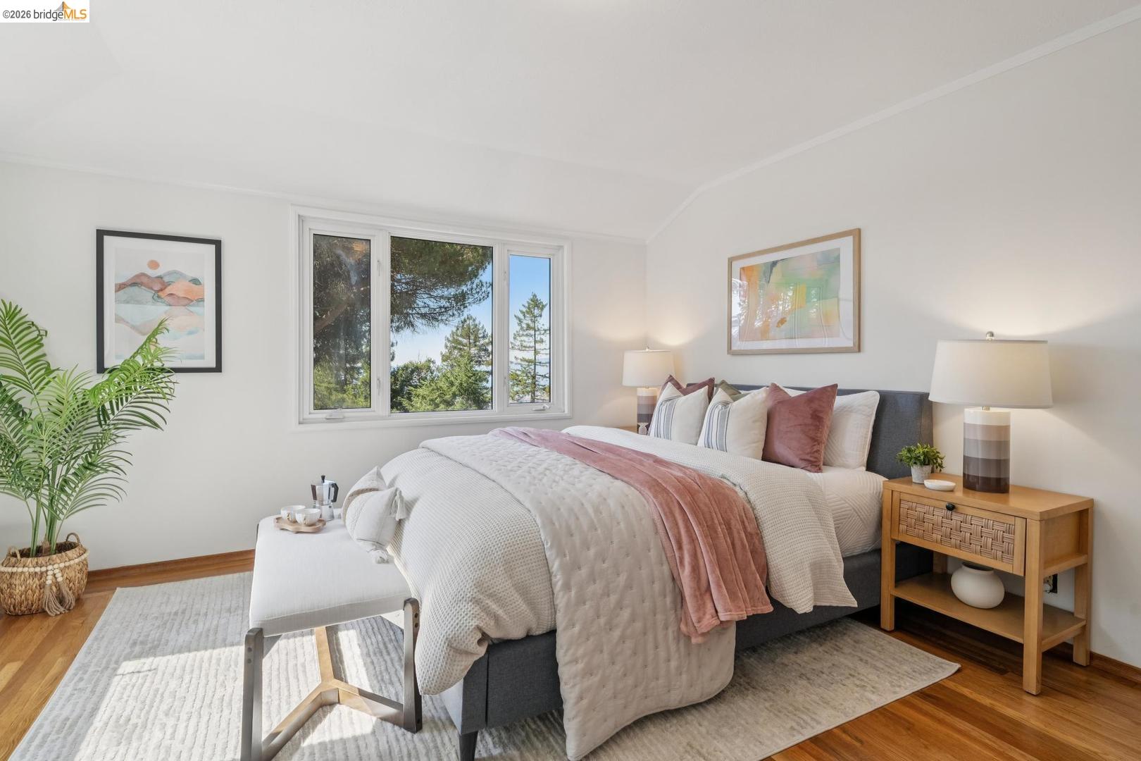 155 Avenida Drive Berkeley, CA 94708 - Photo 38 of 86 Hardwood flooring, white painted walls, white framed windows, and a sloped ceiling